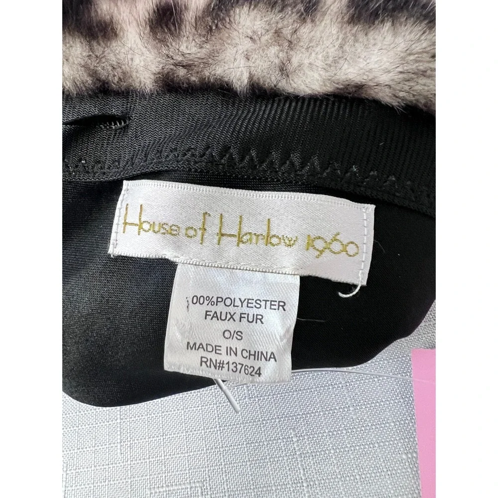 House of Harlow 1960 Bucket Hat Womens OS Leopard Print Excellent Faux Fur Grey